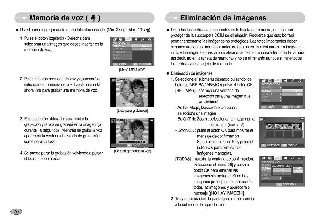 Samsung EC-I70ZZSBE/E1, EC-I70ZZGBC/E1, EC-I70ZZSBA/DE, EC-I70ZZSBD/SP manual Memoria de voz, Eliminación de imágenes 