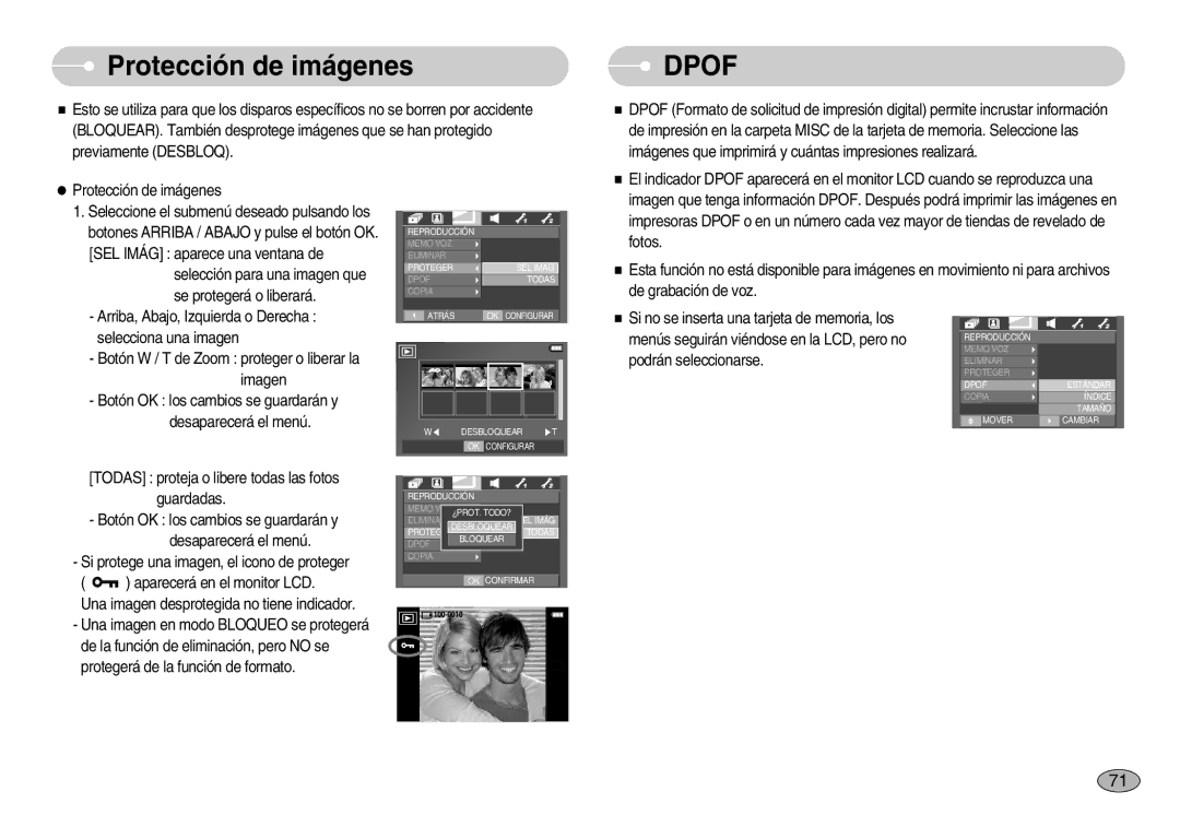 Samsung EC-I70ZZSBA/SP, EC-I70ZZGBC/E1, EC-I70ZZSBA/DE, EC-I70ZZSBD/SP manual Protección de imágenes, Desaparecerá el menú 