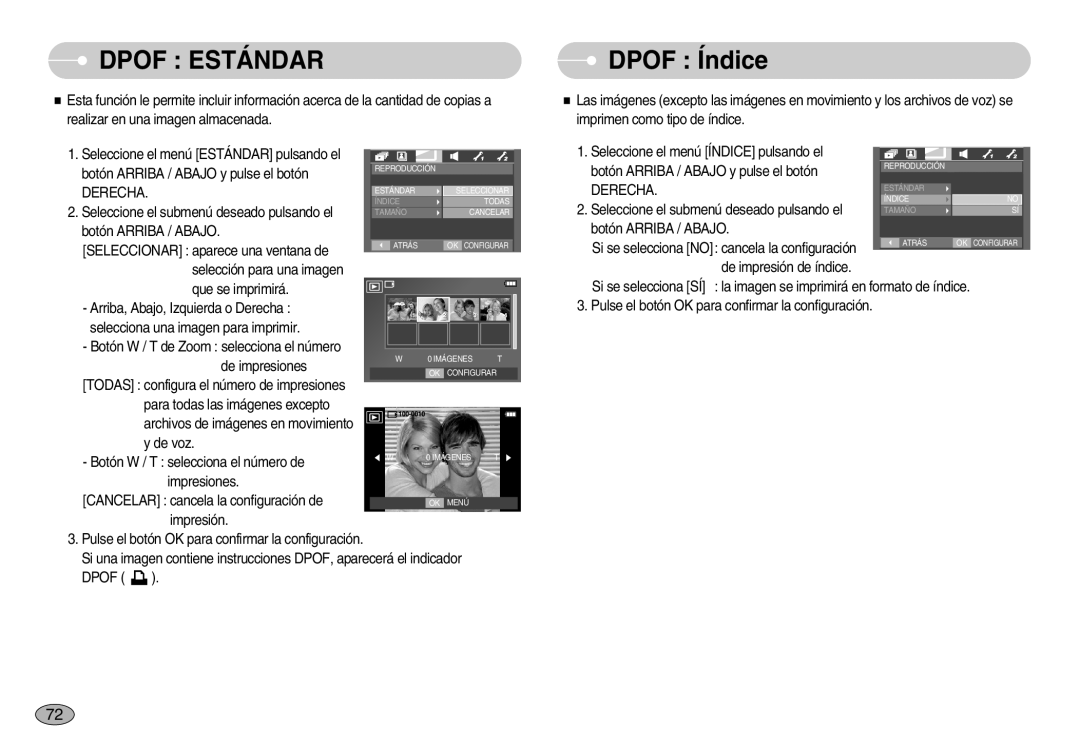 Samsung EC-I70ZZSBB/GB manual Dpof Índice, Botón Arriba / Abajo y pulse el botón, Seleccione el submenú deseado pulsando el 