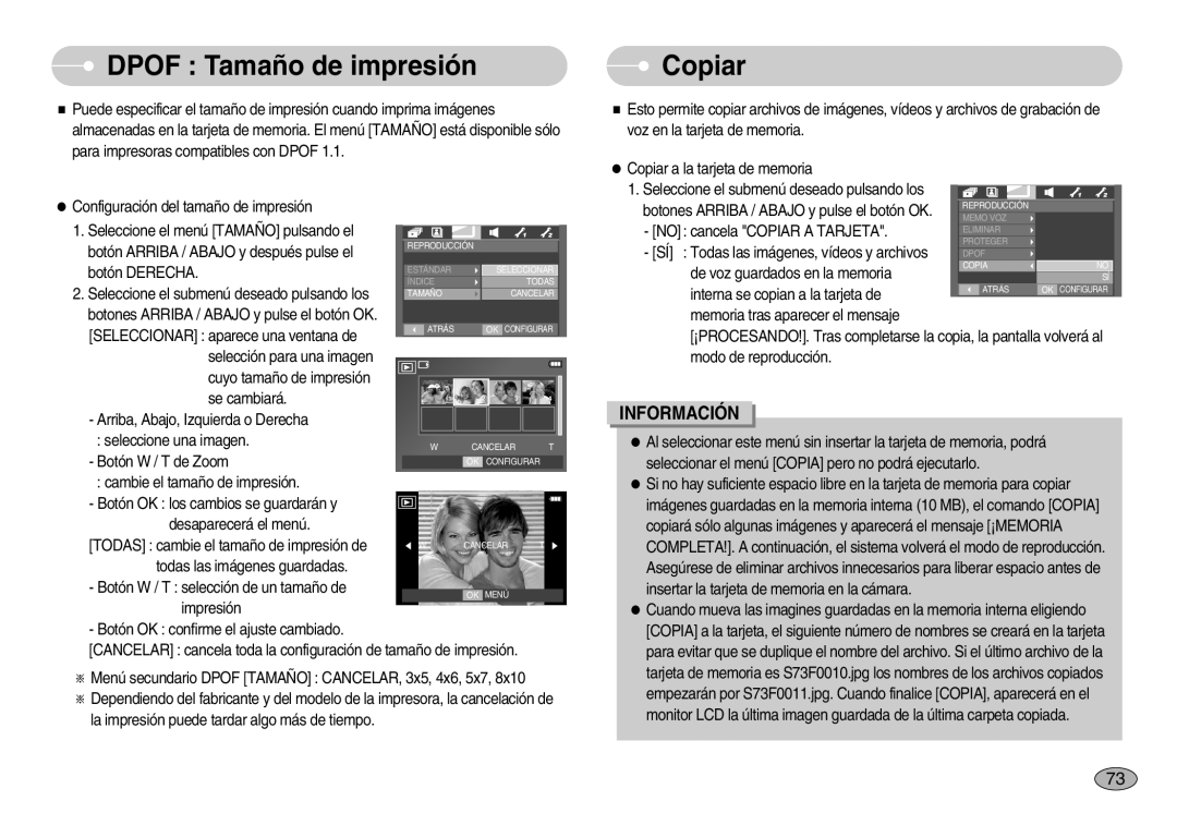 Samsung EC-I70ZZPBB/GB, EC-I70ZZGBC/E1, EC-I70ZZSBA/DE, EC-I70ZZSBD/SP, EC-I70ZZPBE/E1 manual Dpof Tamaño de impresión, Copiar 