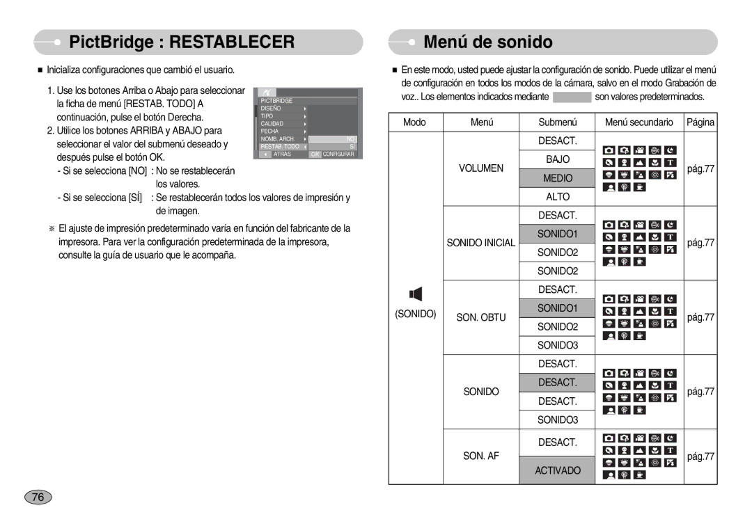 Samsung EC-I70ZZGBD/AS, EC-I70ZZGBC/E1, EC-I70ZZSBA/DE, EC-I70ZZSBD/SP, EC-I70ZZPBE/E1 PictBridge Restablecer, Menú de sonido 