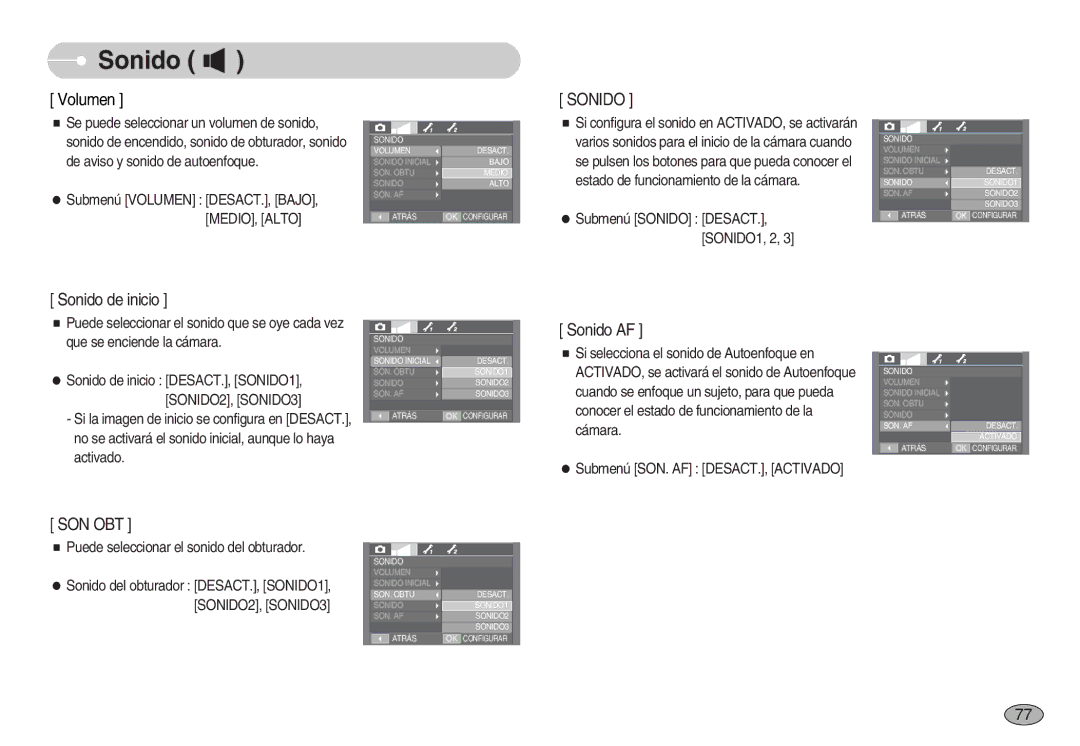 Samsung EC-I70ZZBBE/E1, EC-I70ZZGBC/E1, EC-I70ZZSBA/DE, EC-I70ZZSBD/SP, EC-I70ZZPBE/E1, EC-I70ZZPBD/SP manual Sonido, Volumen 