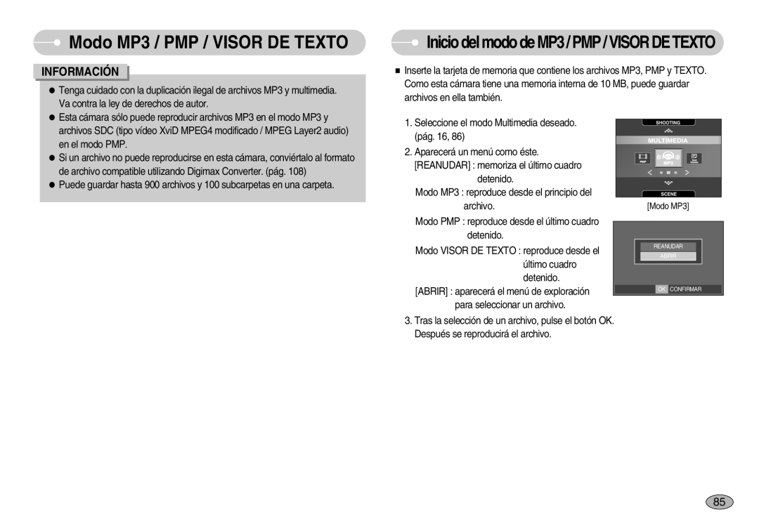 Samsung EC-I70ZZSBD/SP, EC-I70ZZGBC/E1, EC-I70ZZSBA/DE, EC-I70ZZPBE/E1 manual Inicio del modo de MP3 / PMP / Visor DE Texto 