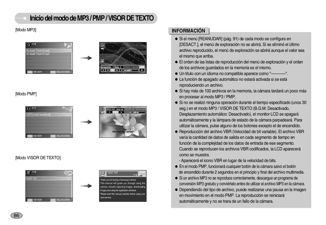 Samsung EC-I70ZZPBE/E1, EC-I70ZZGBC/E1, EC-I70ZZSBA/DE, EC-I70ZZSBD/SP manual Inicio del modo de MP3 / PMP / Visor DE Texto 