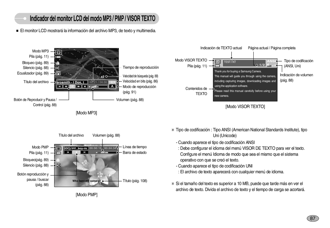 Samsung EC-I70ZZPBD/SP, EC-I70ZZGBC/E1, EC-I70ZZSBA/DE manual Indicador del monitor LCD del modo MP3 / PMP / Visor Texto 