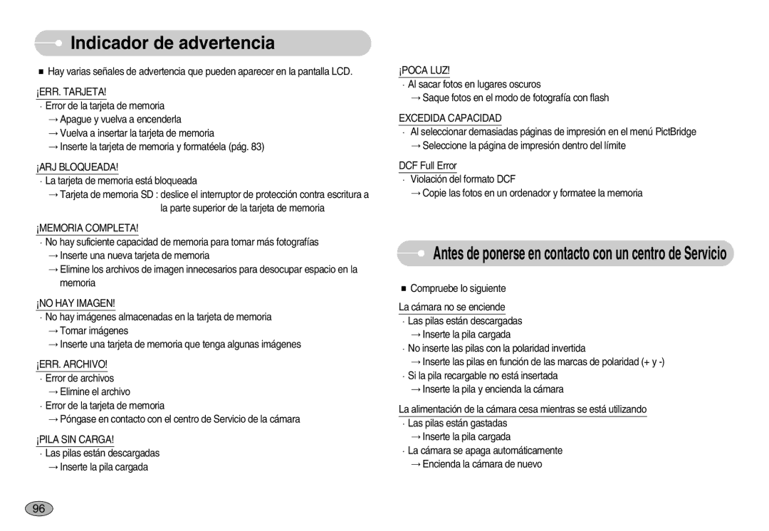 Samsung EC-I70ZZBBD/AS, EC-I70ZZGBC/E1, EC-I70ZZSBA/DE, EC-I70ZZSBD/SP, EC-I70ZZPBE/E1 manual Indicador de advertencia 