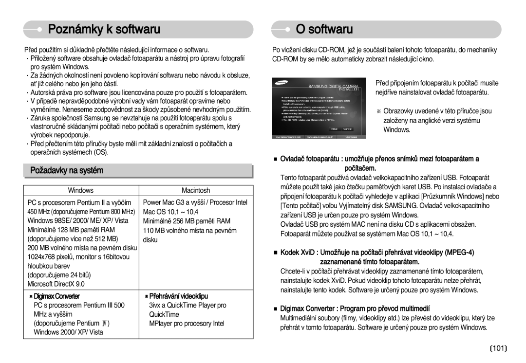 Samsung EC-I70ZZSBA/DE manual Poznámky k softwaru, Softwaru, PoÏadavky na systém 