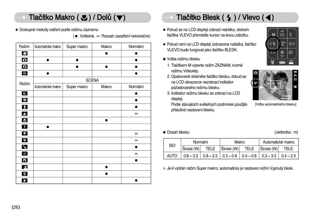 Samsung EC-I70ZZSBA/DE manual Tlaãítko Makro / DolÛ Tlaãítko Blesk / Vlevo, Scéna, Iso, Tele, Auto 