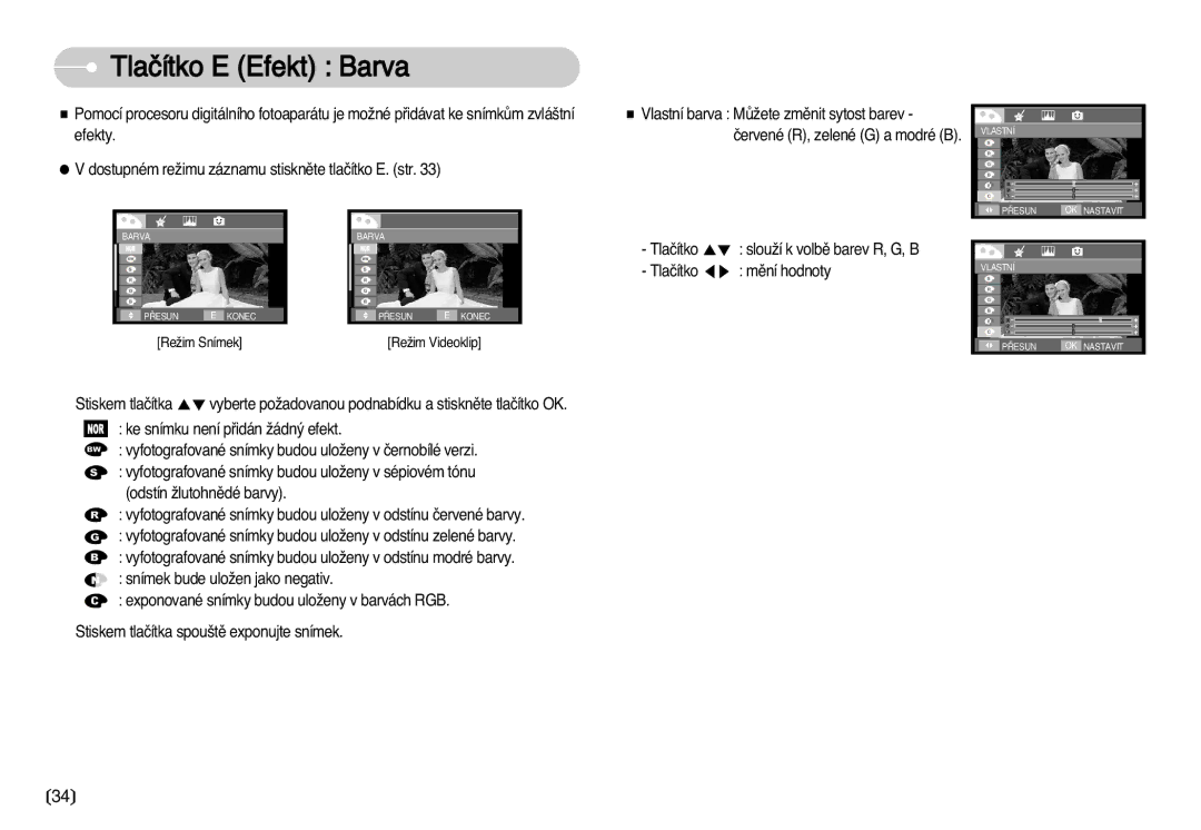 Samsung EC-I70ZZSBA/DE manual Tlaãítko E Efekt Barva 