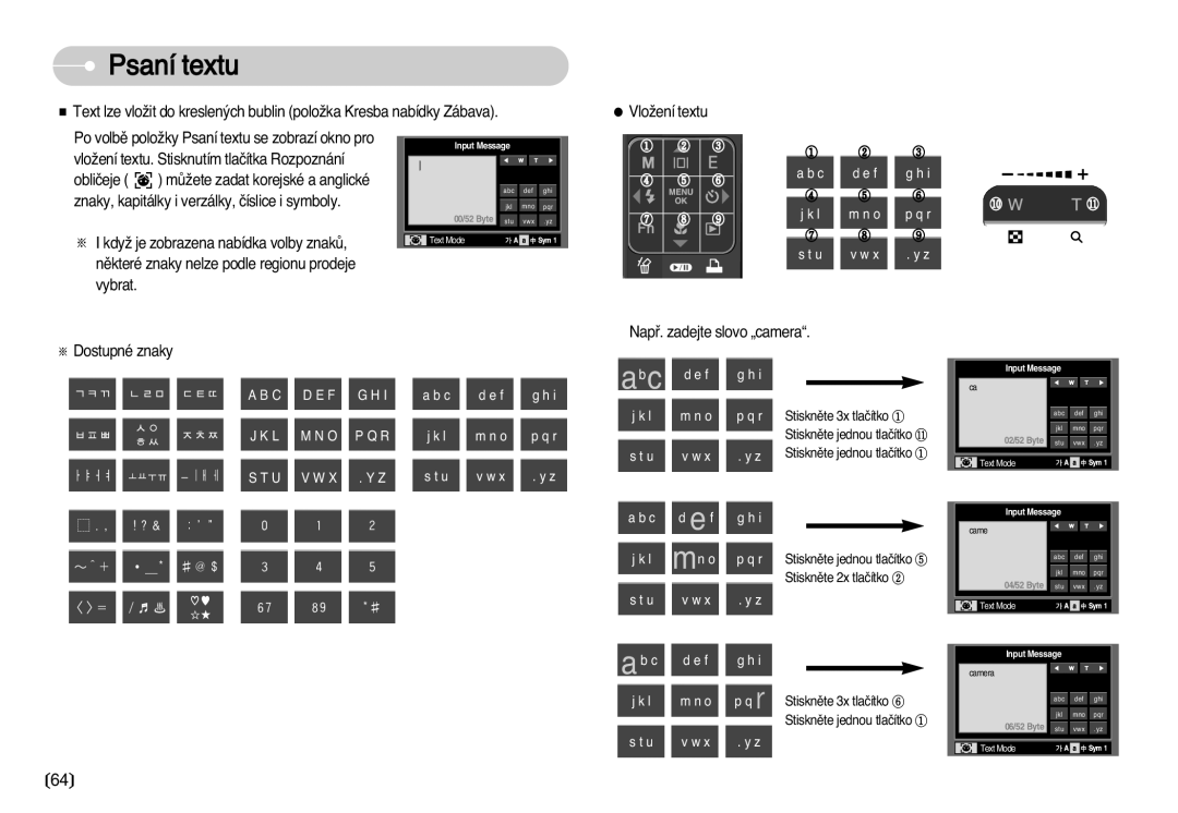 Samsung EC-I70ZZSBA/DE manual Abc, Psaní textu 