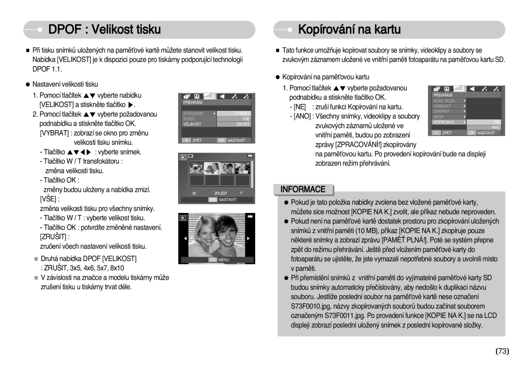 Samsung EC-I70ZZSBA/DE manual Dpof Velikost tisku, Kopírování na kartu 