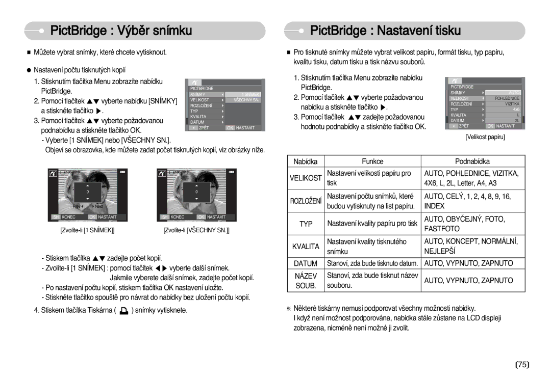 Samsung EC-I70ZZSBA/DE manual PictBridge V˘bûr snímku PictBridge Nastavení tisku 