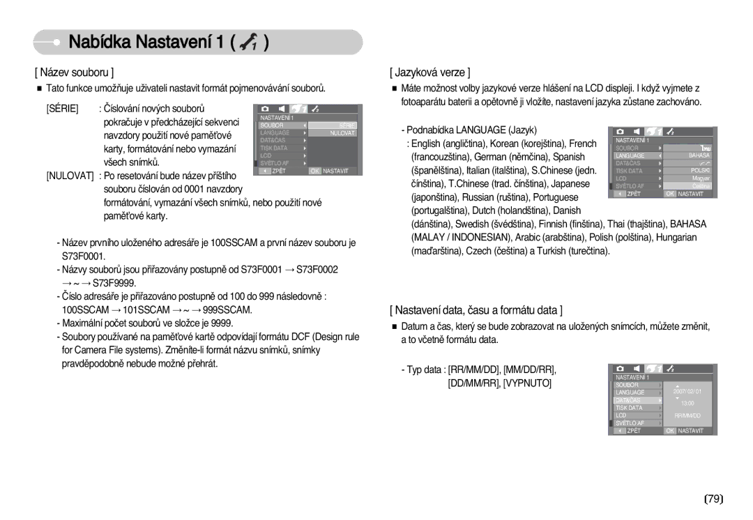 Samsung EC-I70ZZSBA/DE Název souboru, Jazyková verze, Nastavení data, ãasu a formátu data, 100SSCAM 101SSCAM ~ 999SSCAM 