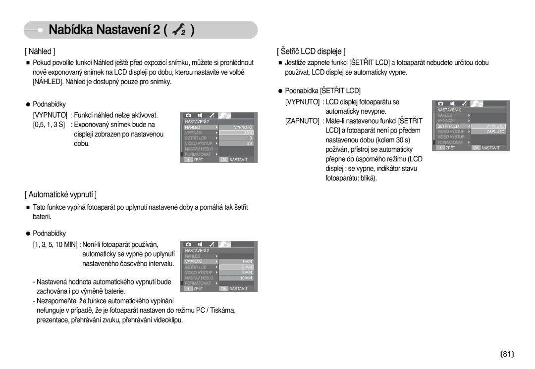 Samsung EC-I70ZZSBA/DE manual Náhled, ·etﬁiã LCD displeje, Automatické vypnutí 