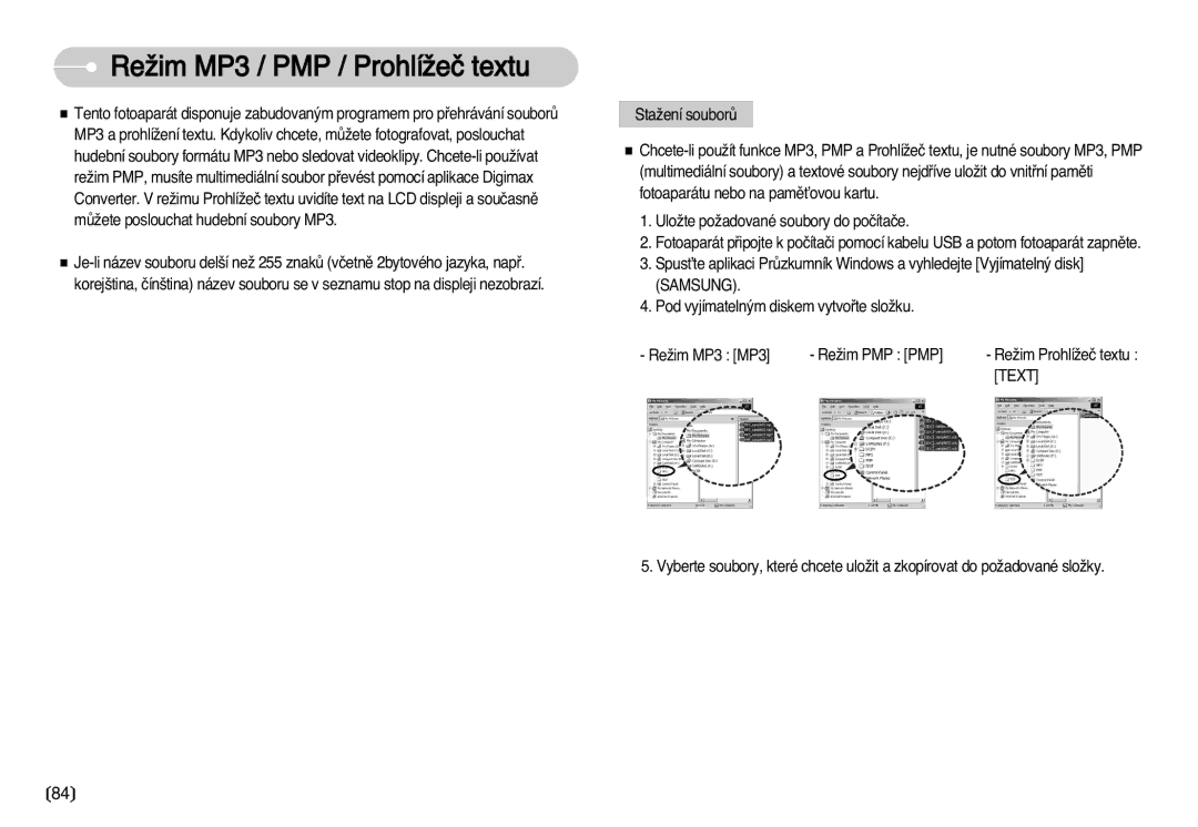 Samsung EC-I70ZZSBA/DE manual ReÏim MP3 / PMP / ProhlíÏeã textu, Text 