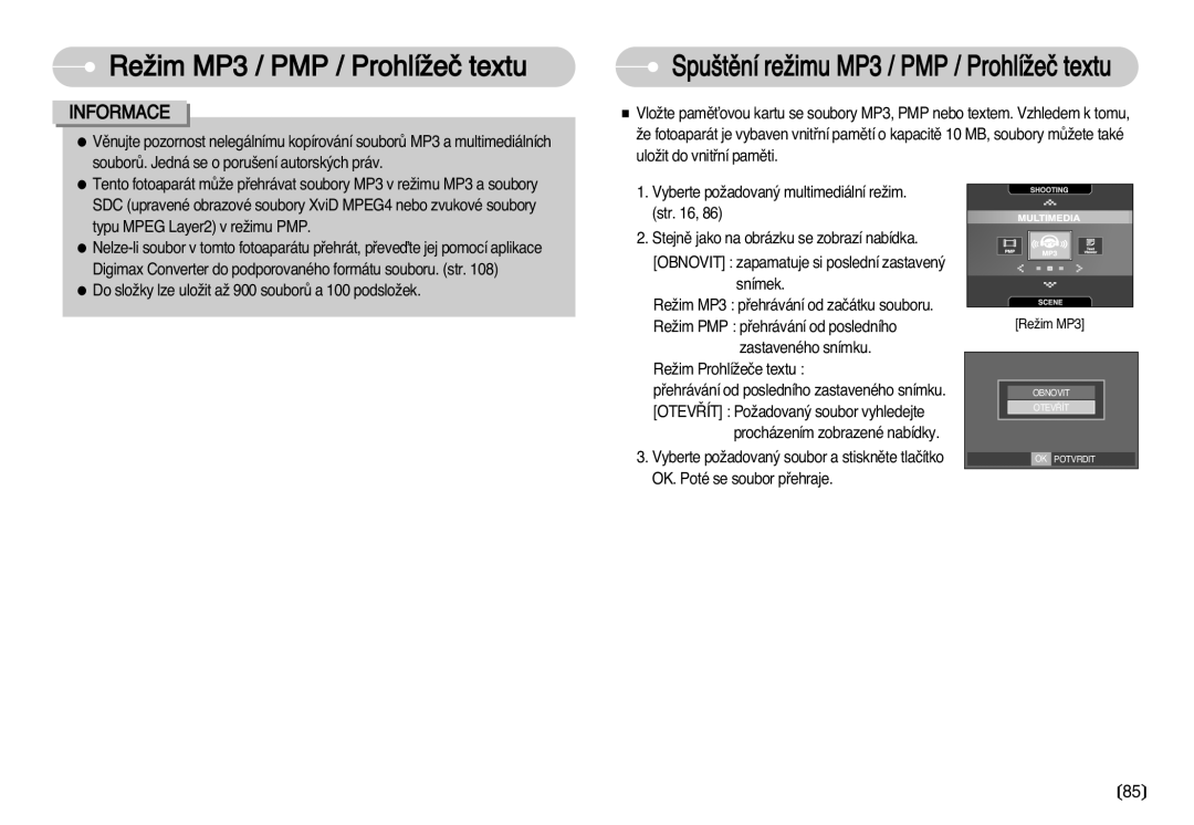 Samsung EC-I70ZZSBA/DE manual Spu‰tûní reÏimu MP3 / PMP / ProhlíÏeã textu 