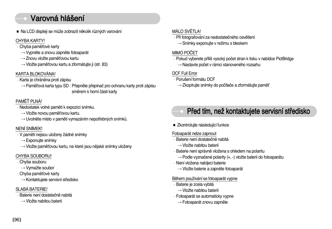 Samsung EC-I70ZZSBA/DE manual Varovná hlá‰ení 