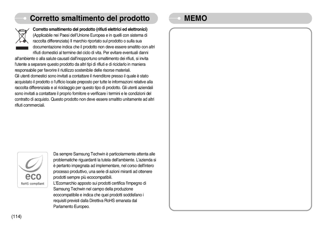 Samsung STC-I70B, EC-I70ZZSBA/E1, EC-I70ZZSBA/DE, EC-I70ZZBBA/E1, STC-I70S, STC-I70P Corretto smaltimento del prodotto, Memo 