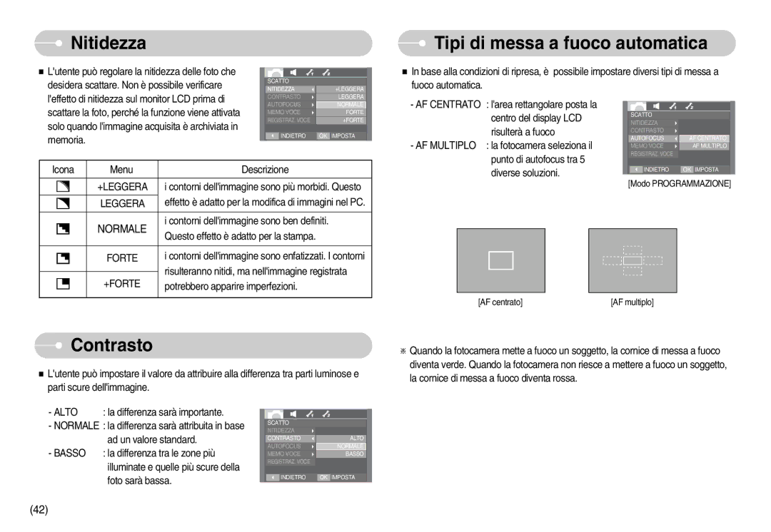 Samsung EC-I70ZZGBB/IT, EC-I70ZZSBA/E1, STC-I70S Nitidezza, Tipi di messa a fuoco automatica, Contrasto, +Leggera, Alto 