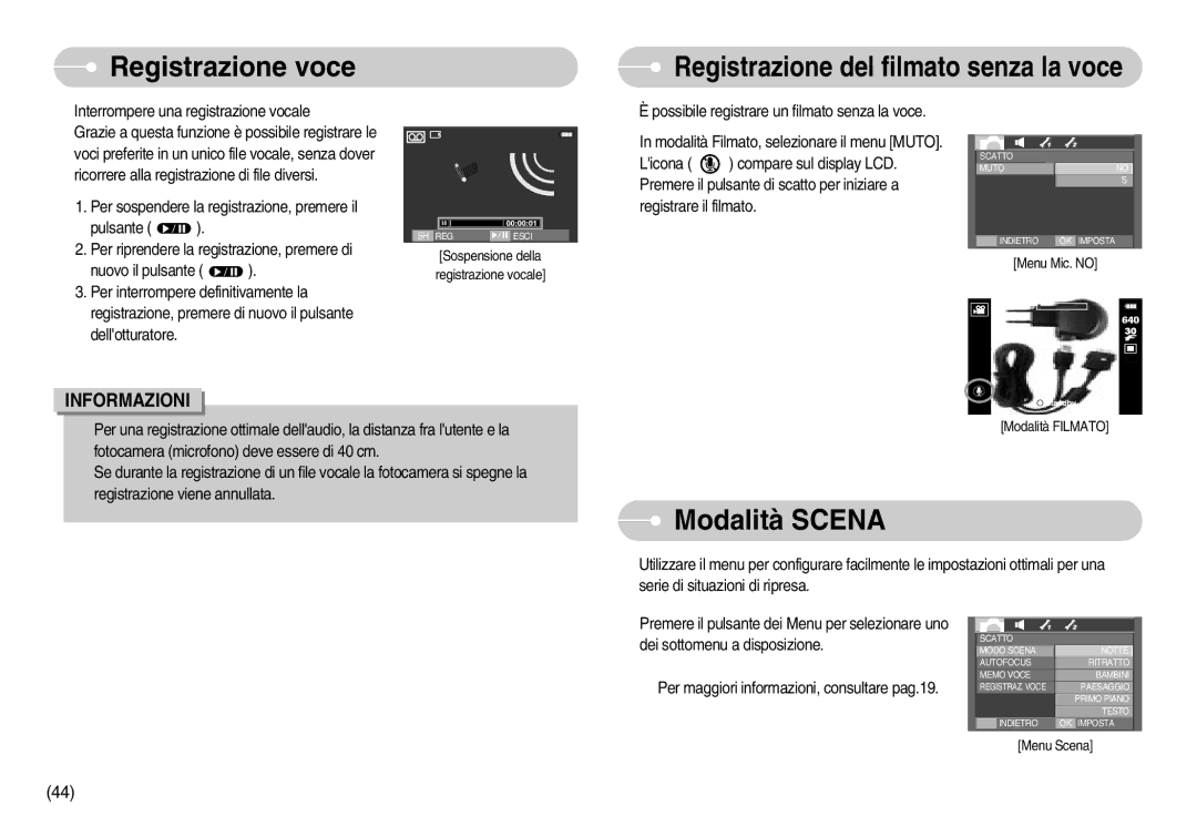 Samsung EC-I70ZZSBA/E1, EC-I70ZZSBA/DE, EC-I70ZZBBA/E1, STC-I70S Modalità Scena, Registrazione del filmato senza la voce 