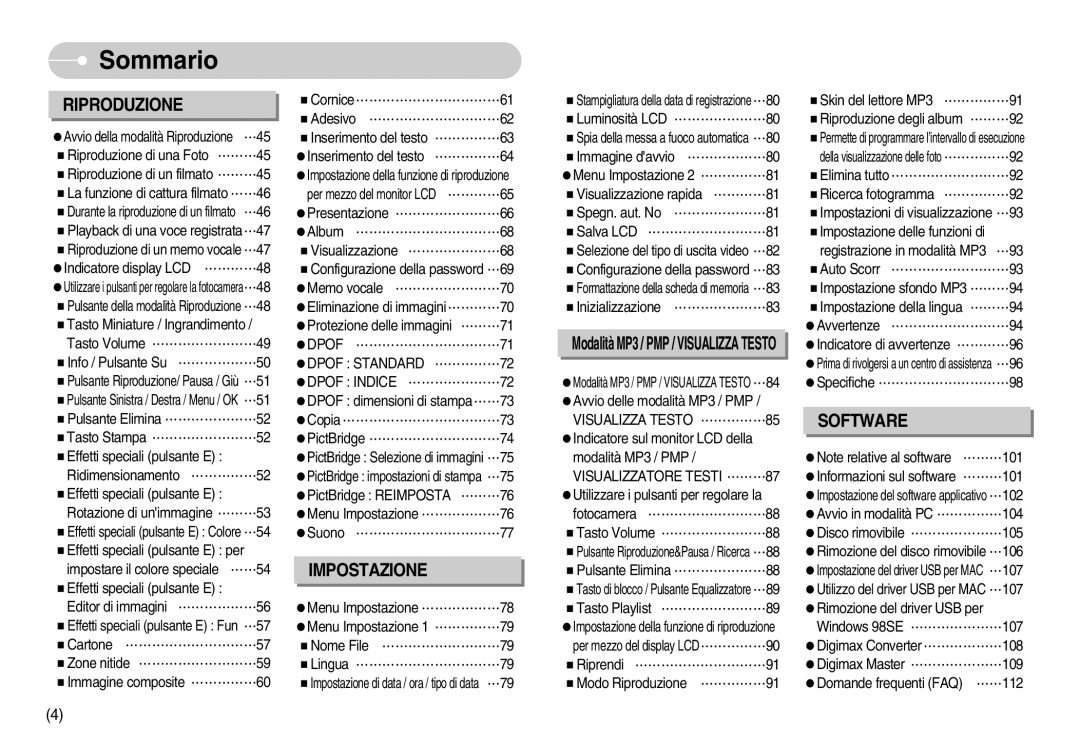 Samsung EC-I70ZZSBA/IT, EC-I70ZZSBA/E1, EC-I70ZZSBA/DE, EC-I70ZZBBA/E1, STC-I70S, EC-I70ZZSBB/IT, EC-I70ZZGBA/IT manual Sommario 