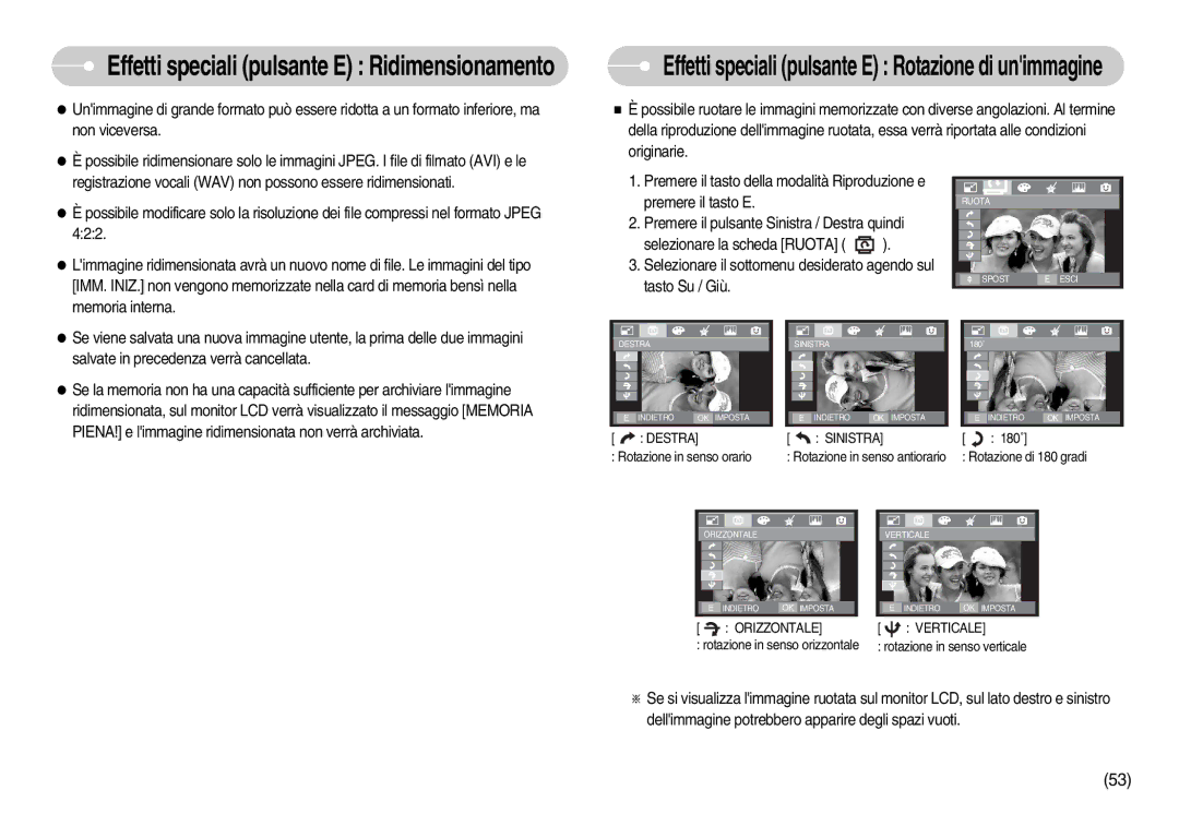 Samsung EC-I70ZZPBA/IT, EC-I70ZZSBA/E1, EC-I70ZZSBA/DE, EC-I70ZZBBA/E1 manual Effetti speciali pulsante E Ridimensionamento 