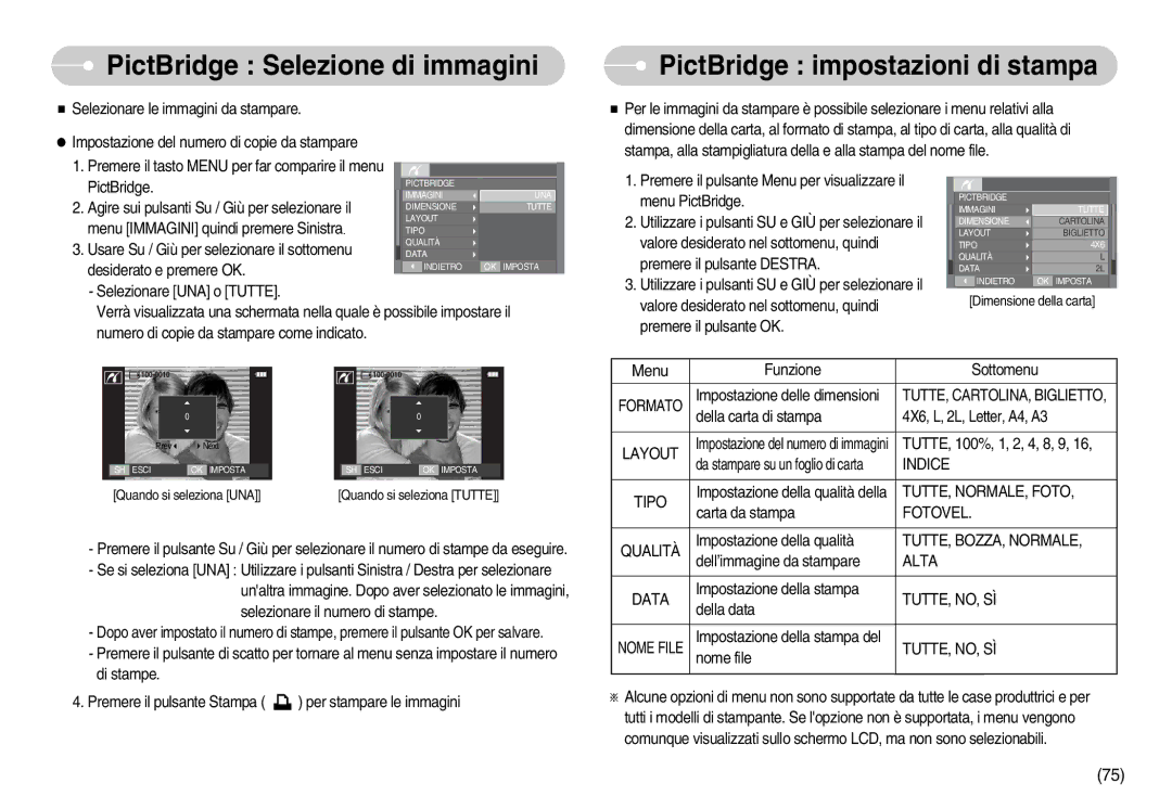 Samsung EC-I70ZZSBA/DE, EC-I70ZZSBA/E1, EC-I70ZZBBA/E1 PictBridge Selezione di immagini, PictBridge impostazioni di stampa 