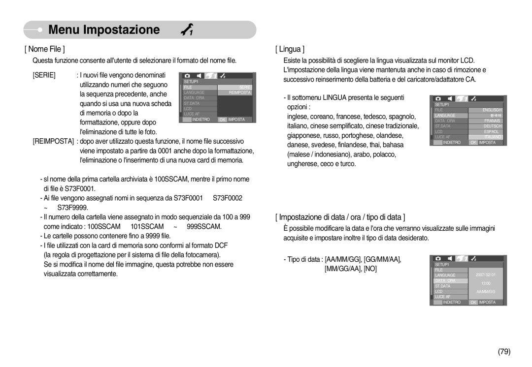 Samsung EC-I70ZZSBA/IT manual Nuovi file vengono denominati Utilizzando numeri che seguono, La sequenza precedente, anche 