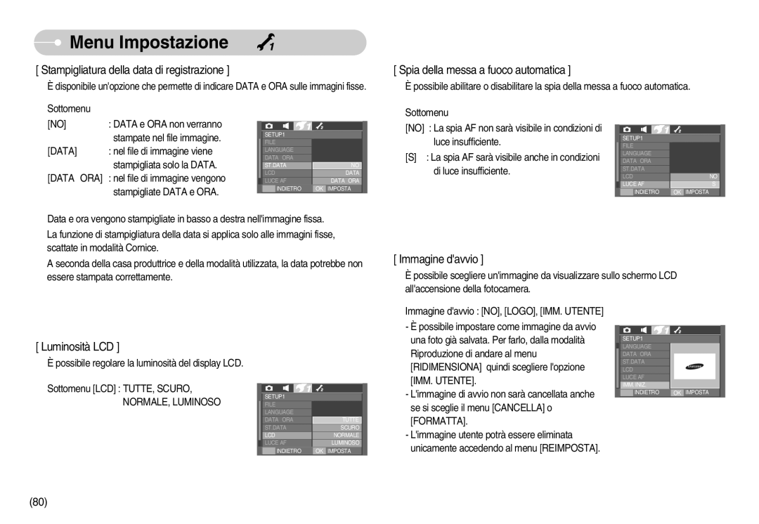 Samsung EC-I70ZZGBA/IT, EC-I70ZZSBA/E1, EC-I70ZZSBA/DE, EC-I70ZZBBA/E1 manual Spia della messa a fuoco automatica, Data&Ora 