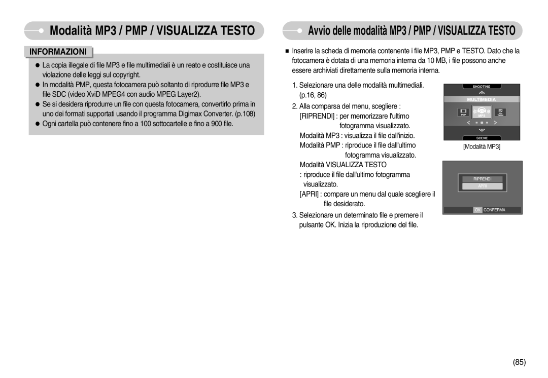 Samsung STC-I70P, EC-I70ZZSBA/E1, EC-I70ZZSBA/DE, EC-I70ZZBBA/E1, STC-I70S Avvio delle modalità MP3 / PMP / Visualizza Testo 