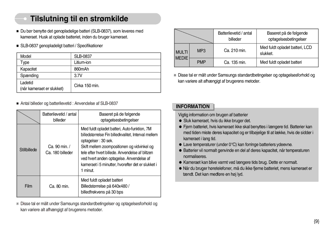 Samsung EC-I70ZZBBB/E2, EC-I70ZZSBC/E2, EC-I70ZZPBC/E2, EC-I70ZZBBC/E2 Tilslutning til en strømkilde, Multi MP3, Medie PMP 