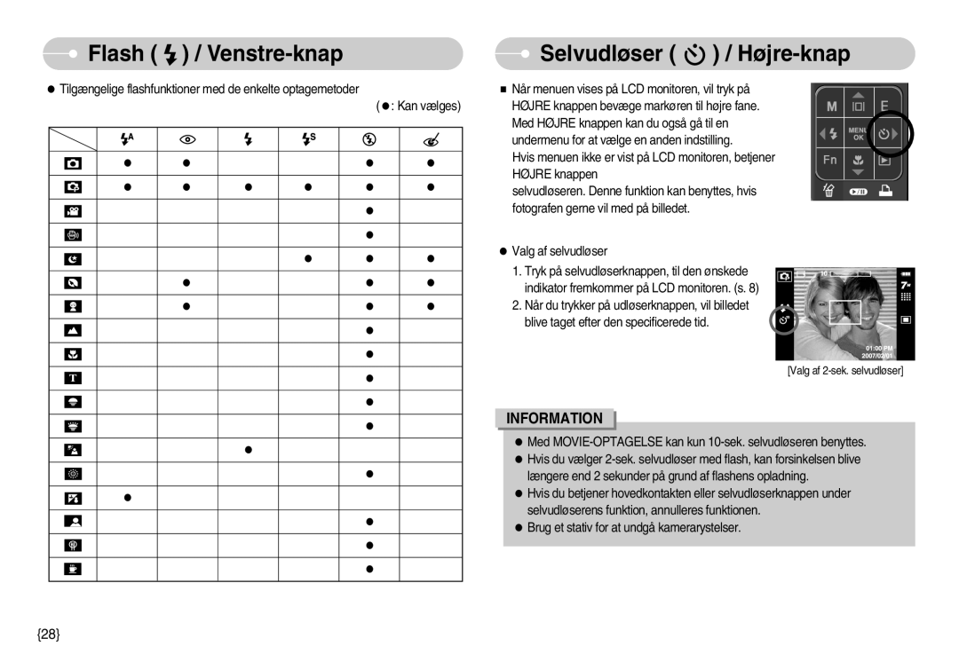 Samsung EC-I70ZZSBA/DE, EC-I70ZZSBC/E2, EC-I70ZZPBC/E2, EC-I70ZZBBC/E2 manual Flash / Venstre-knap Selvudløser / Højre-knap 