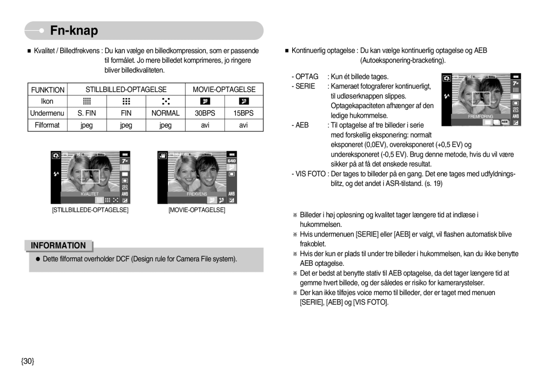 Samsung EC-I70ZZPBB/E2, EC-I70ZZSBC/E2, EC-I70ZZPBC/E2 Funktion STILLBILLED-OPTAGELSE MOVIE-OPTAGELSE, Optag, Serie, Aeb 