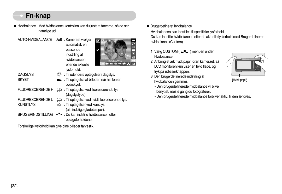 Samsung EC-I70ZZGBB/E2 Auto-Hvidbalance, Dagslys, Skyet, Fluorescerende H, Fluorescerende L, Kunstlys, Brugerindstilling 