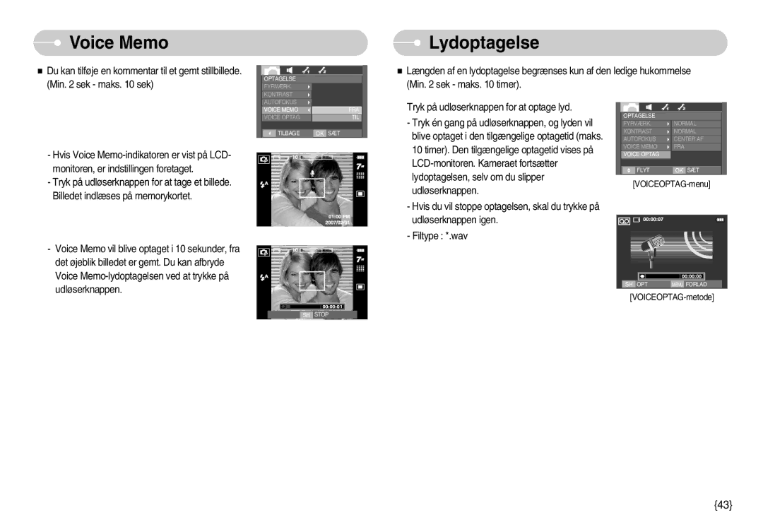 Samsung EC-I70ZZPBB/E2, EC-I70ZZSBC/E2, EC-I70ZZPBC/E2, EC-I70ZZBBC/E2, EC-I70ZZSBA/DE manual Voice Memo, Lydoptagelse 