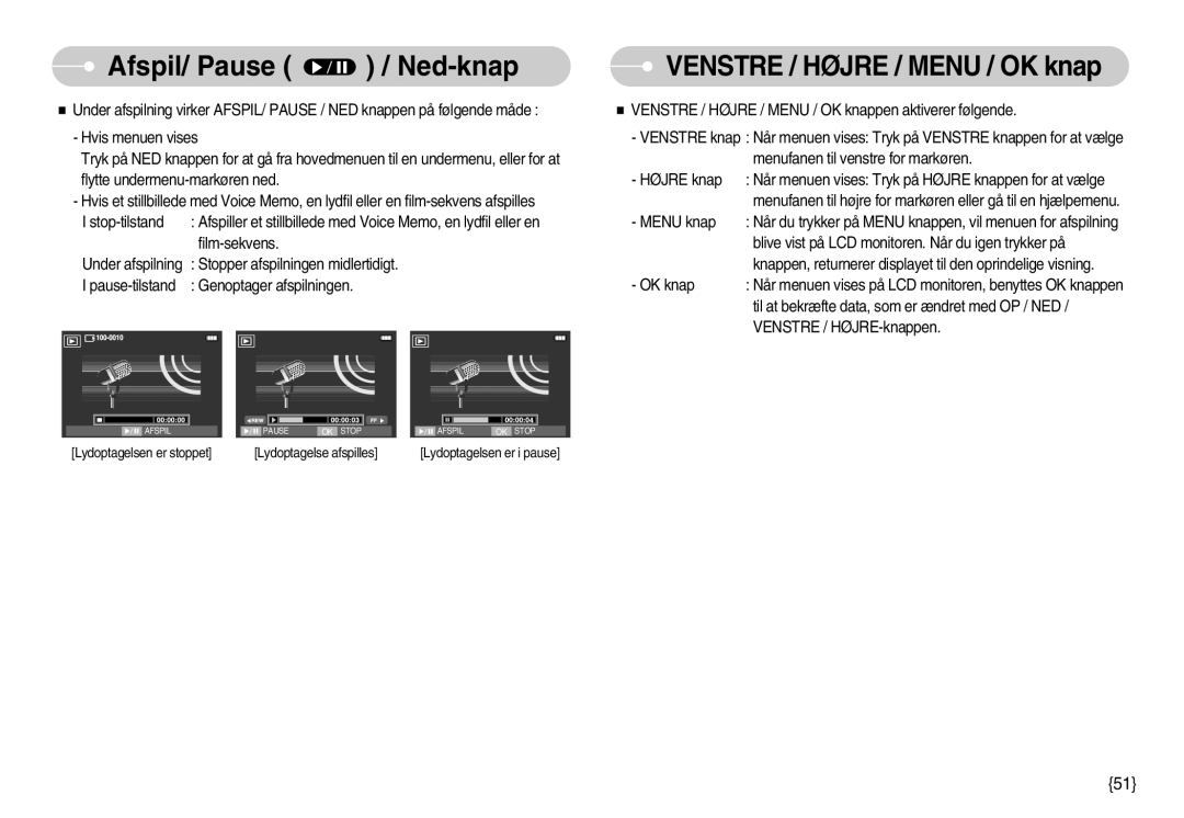 Samsung EC-I70ZZSBC/E2, EC-I70ZZPBC/E2, EC-I70ZZBBC/E2 manual Afspil/ Pause / Ned-knap, Venstre / Højre / Menu / OK knap 