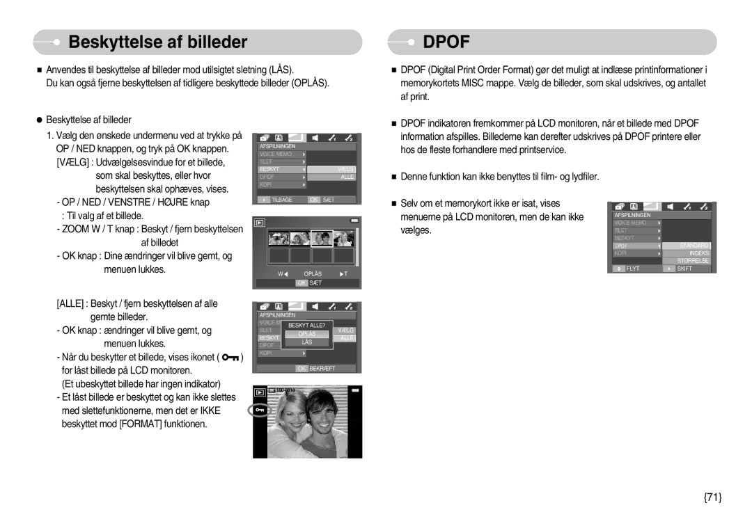 Samsung EC-I70ZZGBB/E2, EC-I70ZZSBC/E2, EC-I70ZZPBC/E2, EC-I70ZZBBC/E2, EC-I70ZZSBA/DE manual Beskyttelse af billeder, Dpof 