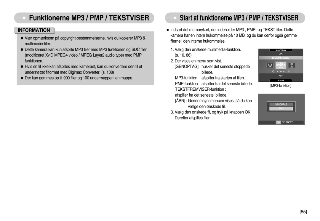 Samsung EC-I70ZZPBA/FI, EC-I70ZZSBC/E2, EC-I70ZZPBC/E2, EC-I70ZZBBC/E2 manual Start af funktionerne MP3 / PMP / Tekstviser 