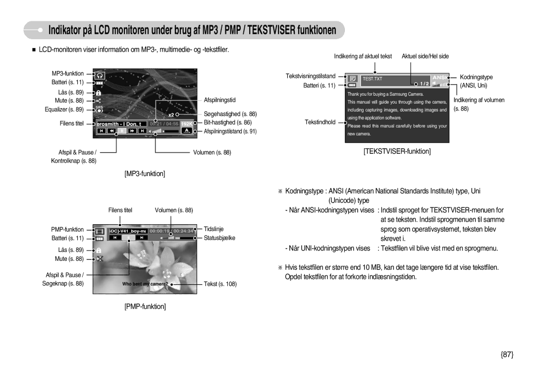 Samsung EC-I70ZZBBB/E2, EC-I70ZZSBC/E2, EC-I70ZZPBC/E2, EC-I70ZZBBC/E2, EC-I70ZZSBA/DE manual TEKSTVISER-funktion MP3-funktion 