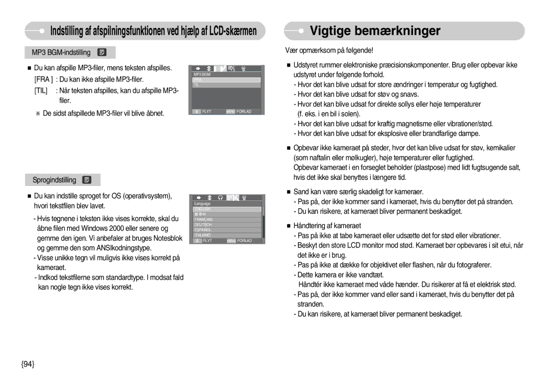 Samsung EC-I70ZZGBC/E2, EC-I70ZZSBC/E2, EC-I70ZZPBC/E2, EC-I70ZZBBC/E2, EC-I70ZZSBA/DE, EC-I70ZZPBB/E2 Vigtige bemærkninger 