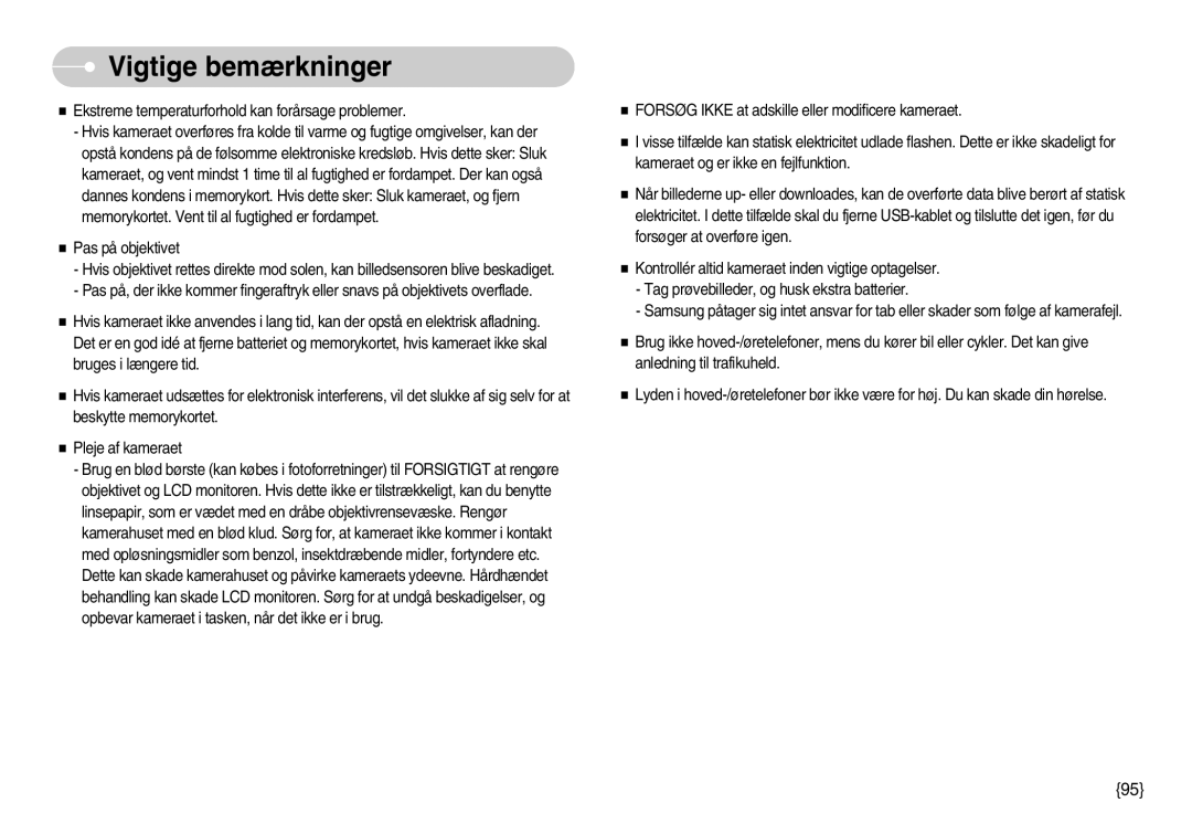 Samsung EC-I70ZZPBB/E2, EC-I70ZZSBC/E2, EC-I70ZZPBC/E2, EC-I70ZZBBC/E2, EC-I70ZZSBA/DE, EC-I70ZZGBC/E2 Vigtige bemærkninger 