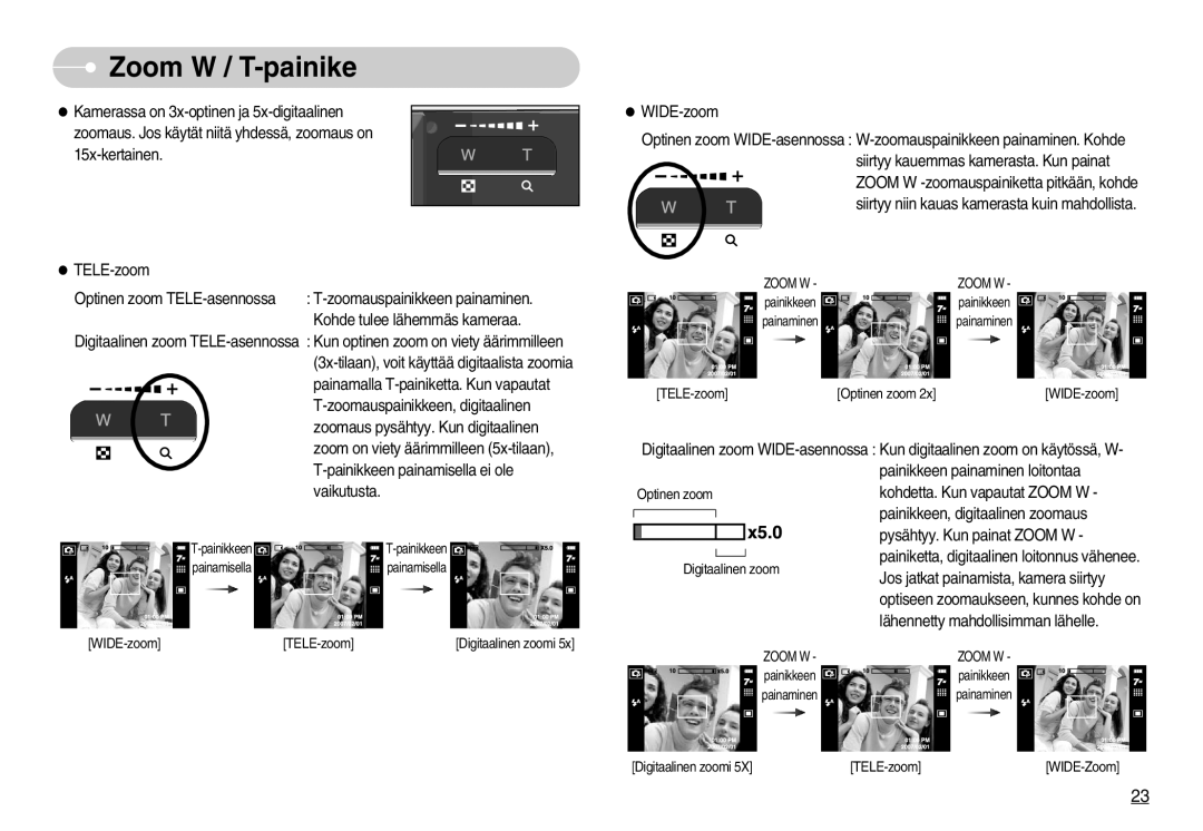 Samsung EC-I70ZZGBA/FI, EC-I70ZZSBC/E2, EC-I70ZZPBC/E2, EC-I70ZZBBC/E2, EC-I70ZZSBA/DE, EC-I70ZZGBC/E2 manual Zoom W / T-painike 