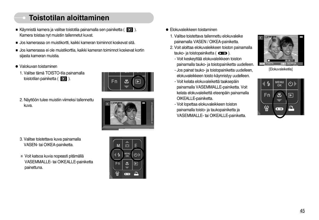 Samsung EC-I70ZZGBB/E2, EC-I70ZZSBC/E2, EC-I70ZZPBC/E2, EC-I70ZZBBC/E2, EC-I70ZZSBA/DE manual Toistotilan aloittaminen 