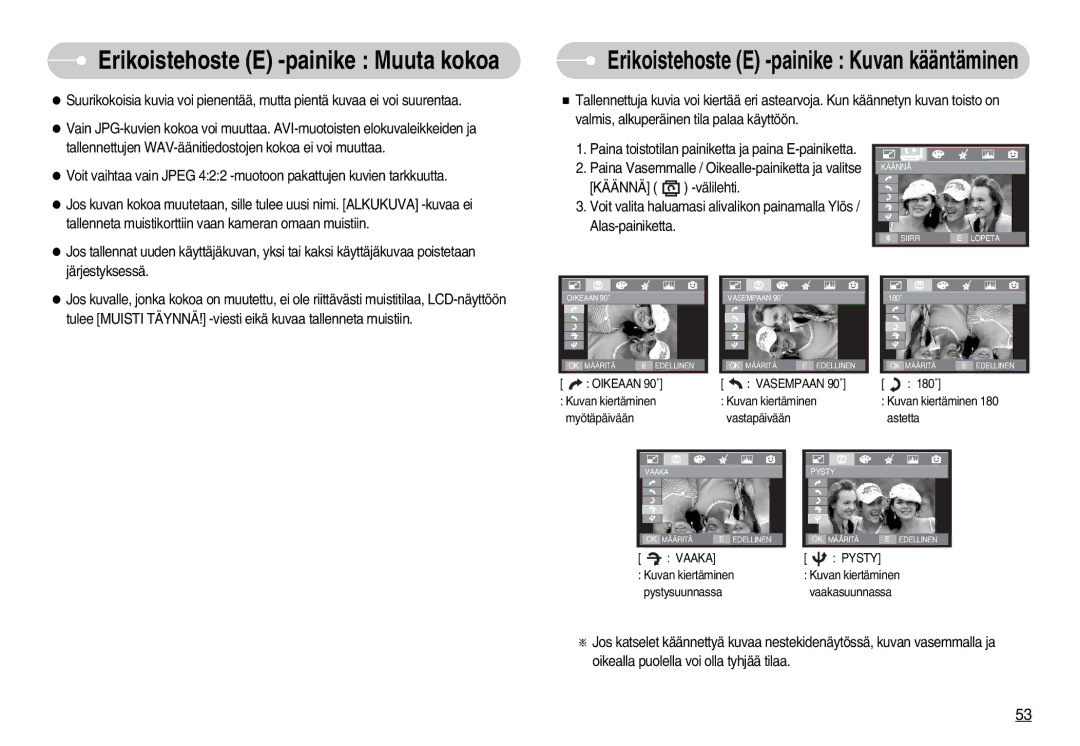 Samsung EC-I70ZZBBC/E2, EC-I70ZZSBC/E2, EC-I70ZZPBC/E2, EC-I70ZZSBA/DE manual Erikoistehoste E -painike Kuvan kääntäminen 