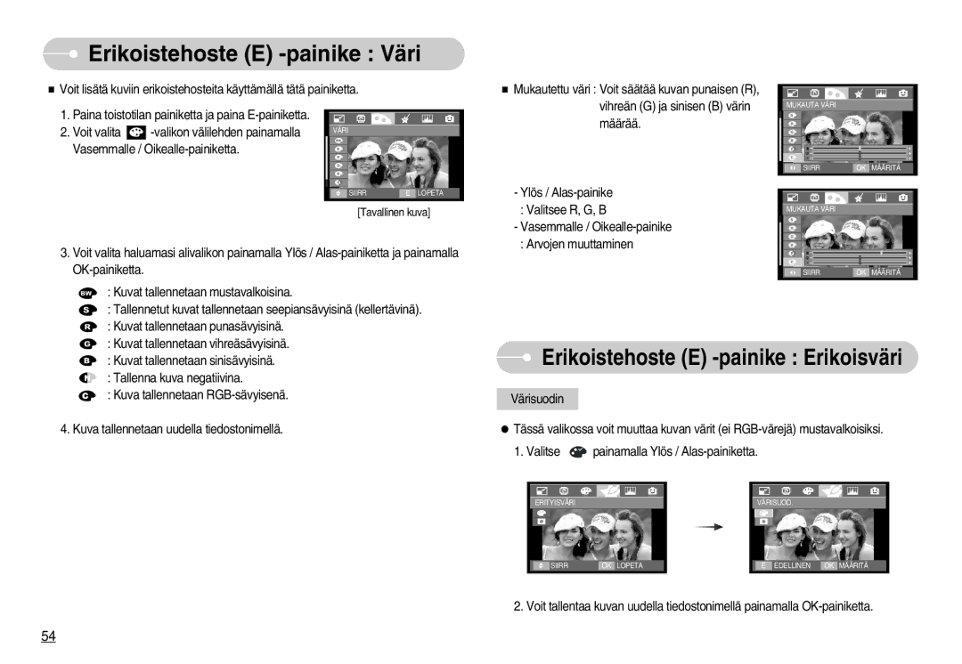 Samsung EC-I70ZZSBA/DE, EC-I70ZZSBC/E2 manual Erikoistehoste E -painike Väri, Erikoistehoste E -painike Erikoisväri 