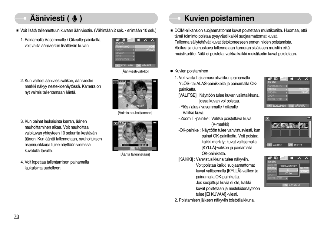 Samsung EC-I70ZZSBA/FI, EC-I70ZZSBC/E2, EC-I70ZZPBC/E2, EC-I70ZZBBC/E2, EC-I70ZZSBA/DE manual Ääniviesti, Kuvien poistaminen 