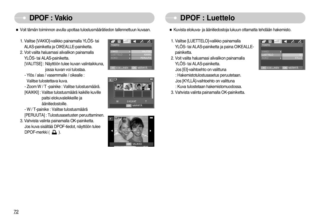 Samsung EC-I70ZZPBA/FI, EC-I70ZZSBC/E2, EC-I70ZZPBC/E2, EC-I70ZZBBC/E2, EC-I70ZZSBA/DE manual Dpof Vakio, Dpof Luettelo 