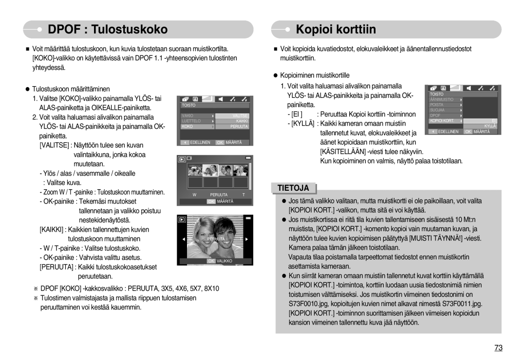 Samsung EC-I70ZZBBA/FI, EC-I70ZZSBC/E2, EC-I70ZZPBC/E2, EC-I70ZZBBC/E2, EC-I70ZZSBA/DE Dpof Tulostuskoko, Kopioi korttiin 