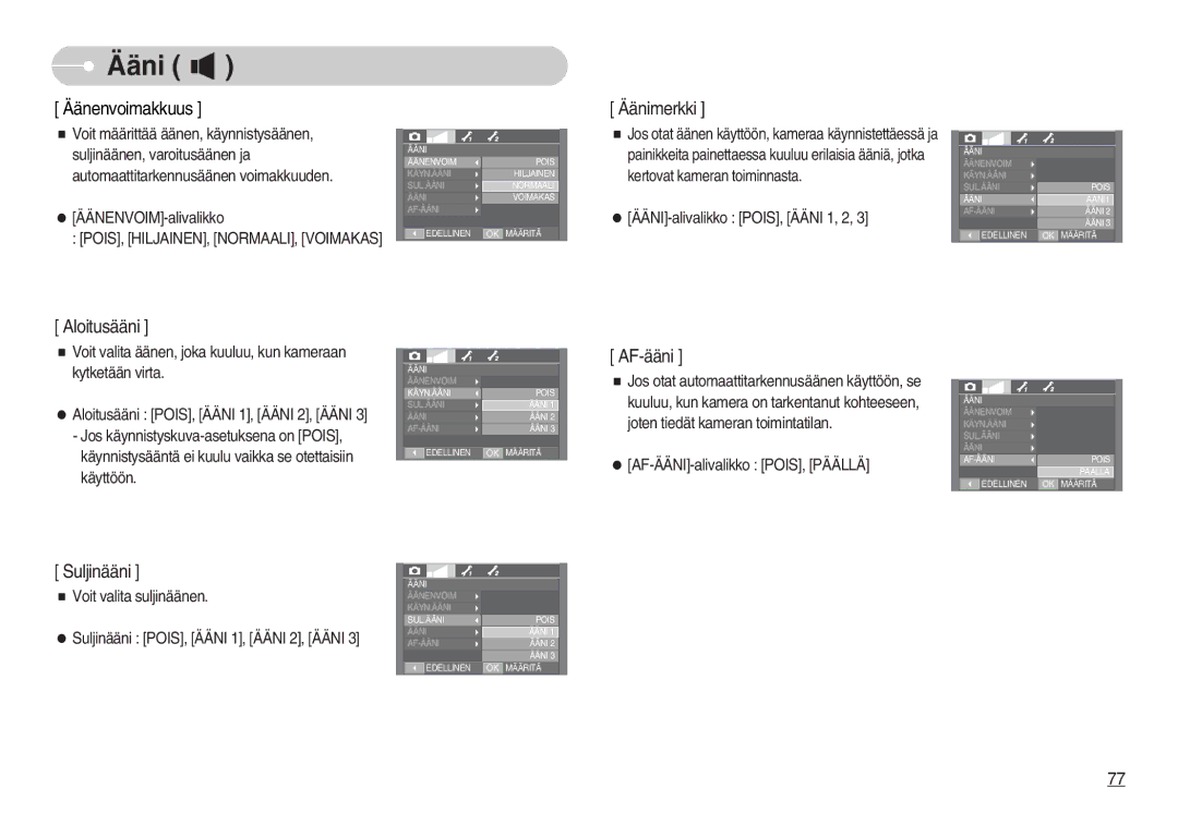 Samsung EC-I70ZZSBC/E2, EC-I70ZZPBC/E2, EC-I70ZZBBC/E2, EC-I70ZZSBA/DE, EC-I70ZZGBC/E2 manual Äänenvoimakkuus Äänimerkki 