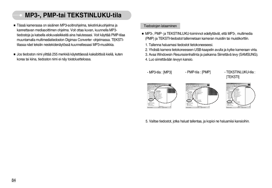 Samsung EC-I70ZZGBB/E2, EC-I70ZZSBC/E2, EC-I70ZZPBC/E2, EC-I70ZZBBC/E2, EC-I70ZZSBA/DE manual MP3-, PMP-tai TEKSTINLUKU-tila 